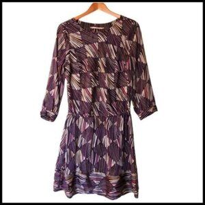 Cooper St Purple Print A Line Dress size 12 Satin Long Sleeve Squared Stripes Do